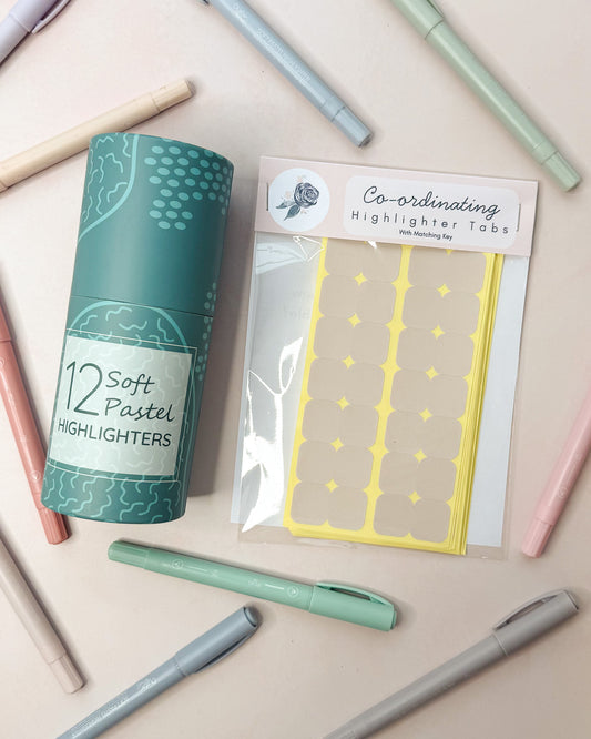 pastel mini tabs in packaging surrounded by their matching highlighter pens