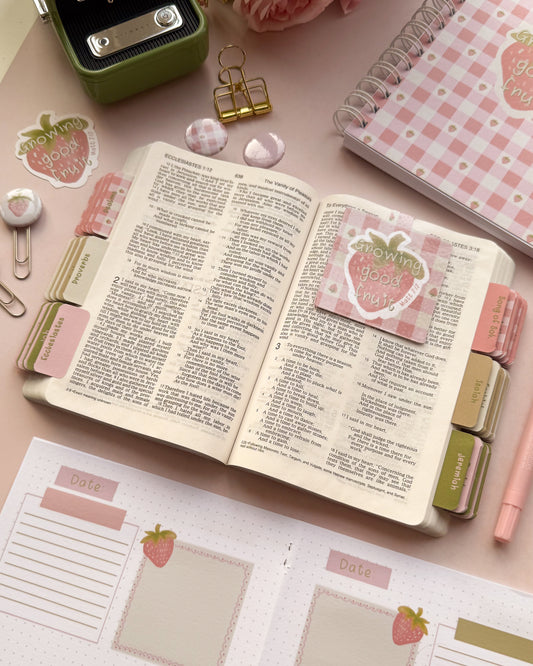 Dotk Design Bible Tabs in a bible with a strawberry gingham design