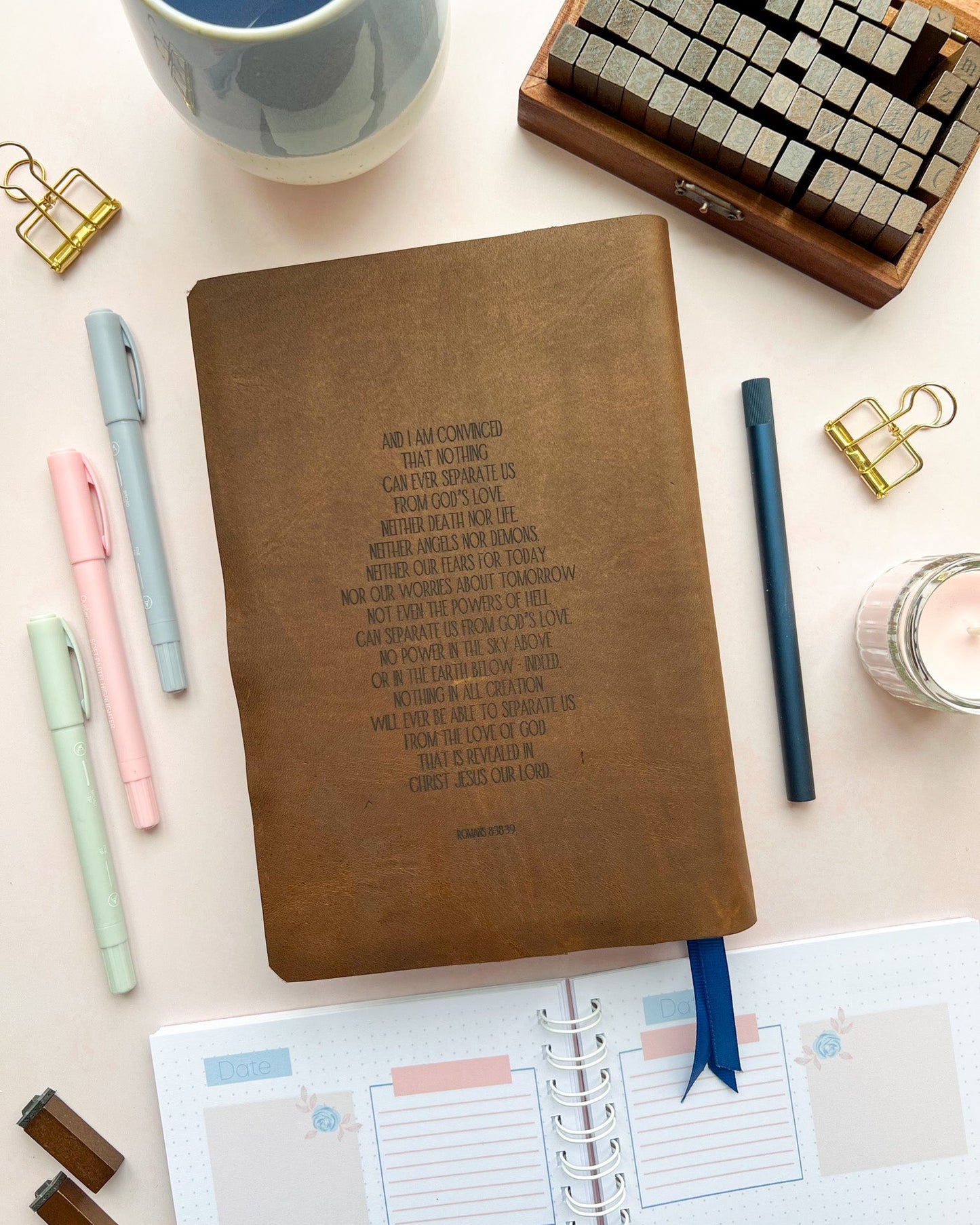 Antique Brown Leather Bible with Floral Nothing Can Separate Us Romans 8:38-39 engraved design by DotK Design