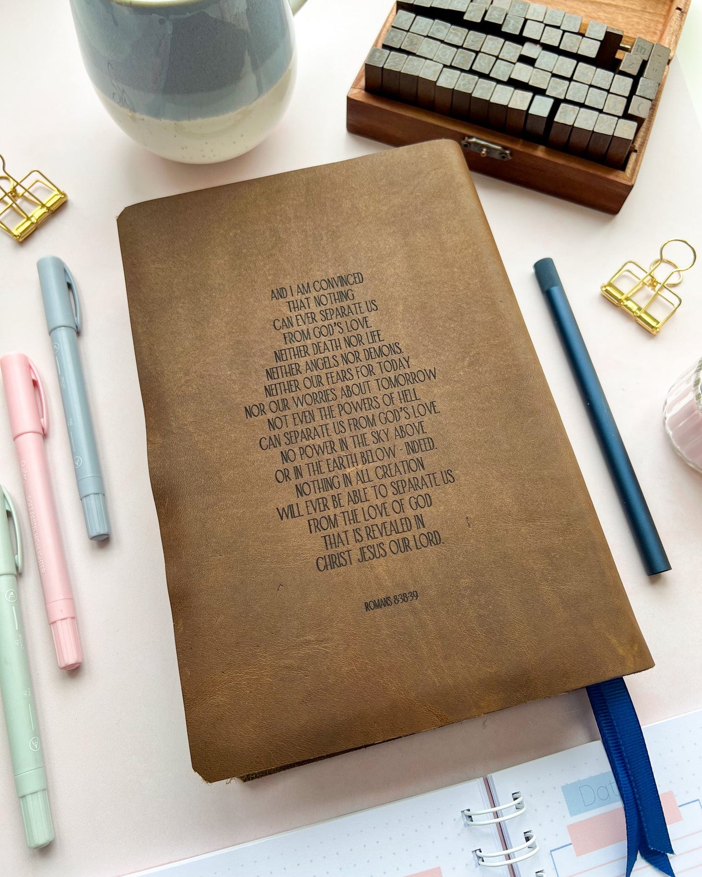 Antique Brown Leather Bible with Floral Nothing Can Separate Us Romans 8:38-39 engraved design by DotK Design