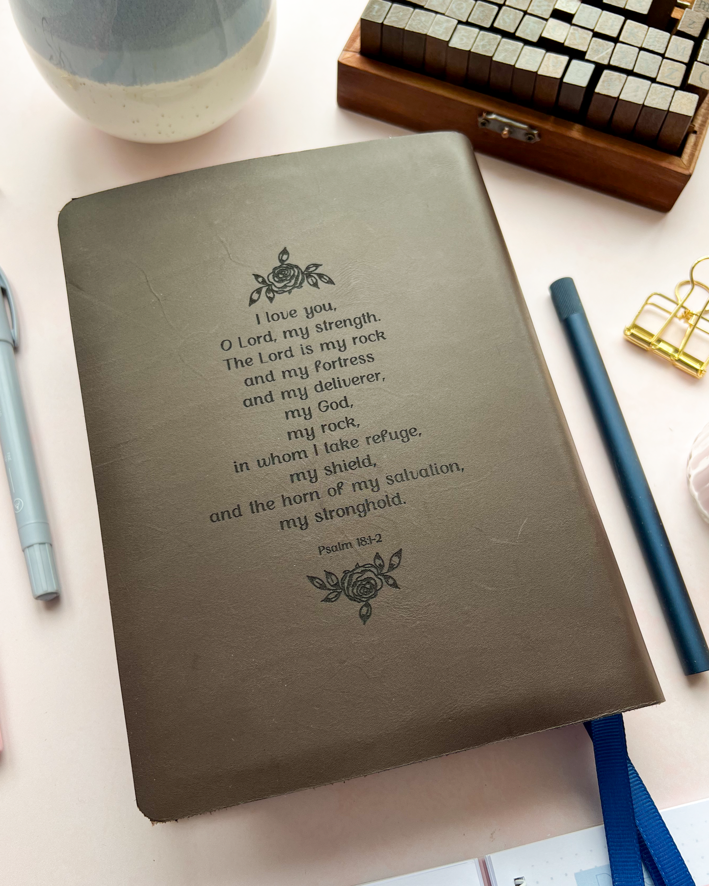 Floral Brown Leather Bible with exclusive DotK Design Psalm 18 engraving