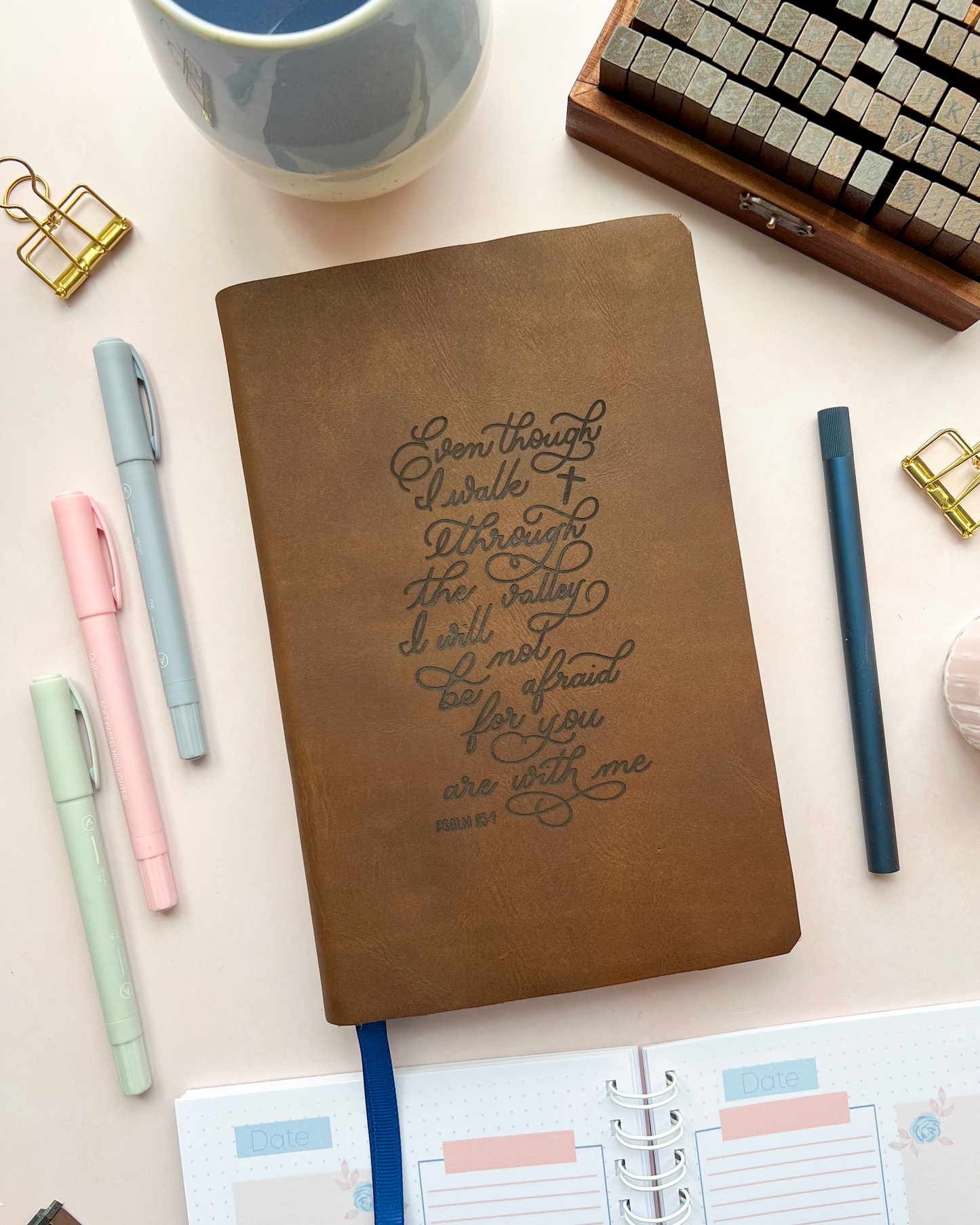 Brown Leather Bible with Psalm 23 engraved design by DotK Design