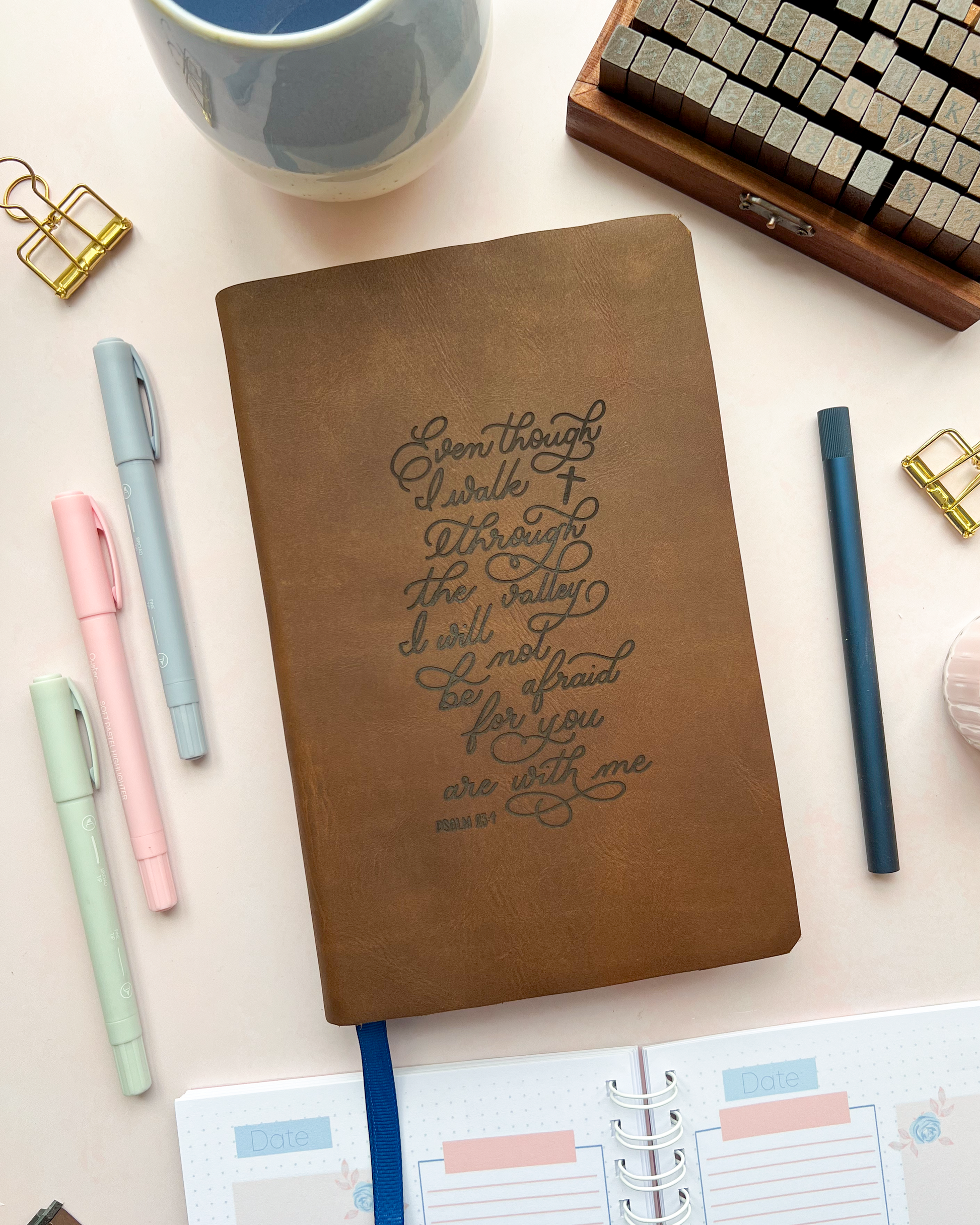 Brown Leather Bible with Psalm 23 engraved design by DotK Design