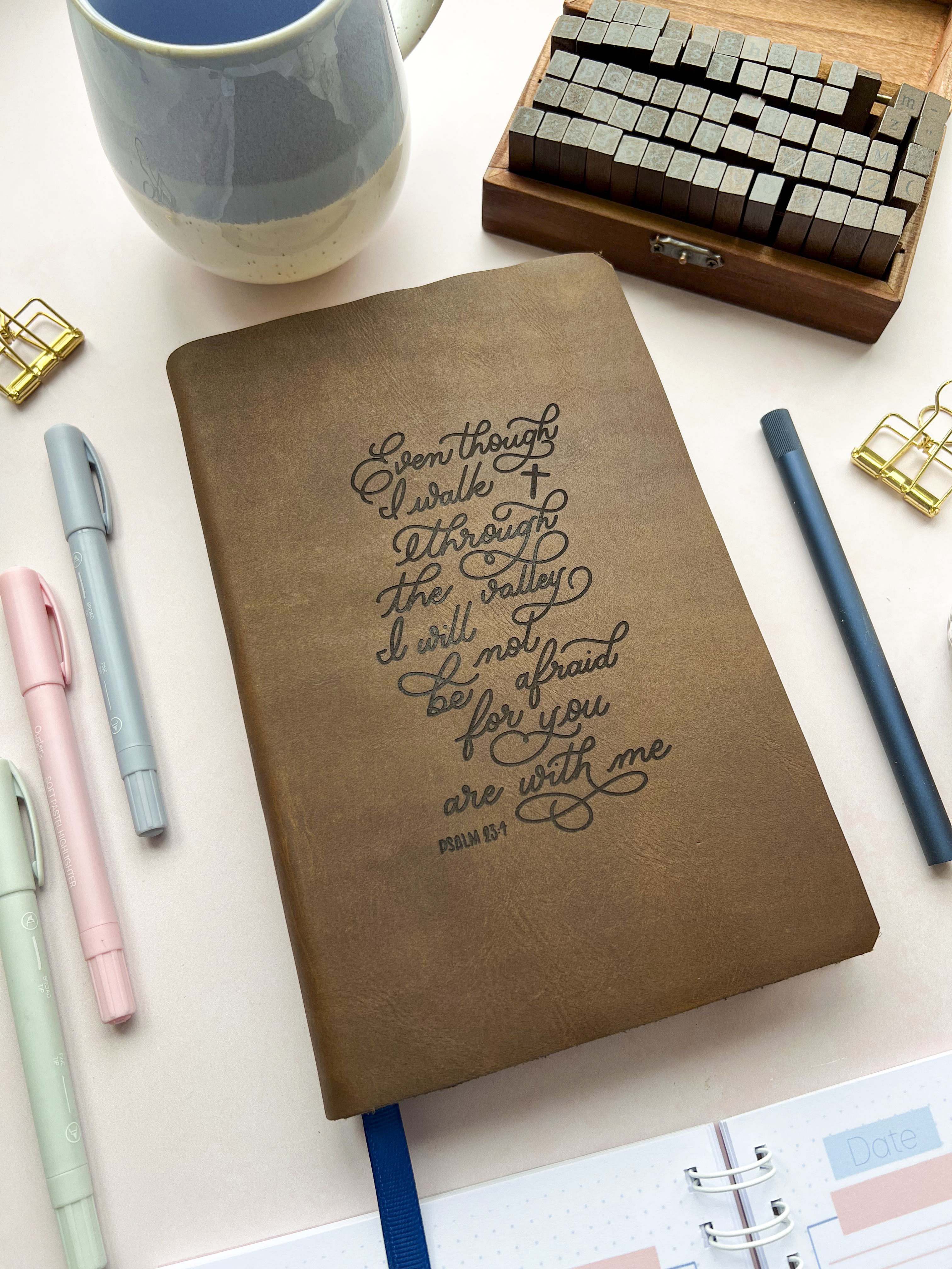 Brown Leather Bible with Psalm 23 engraved design by DotK Design