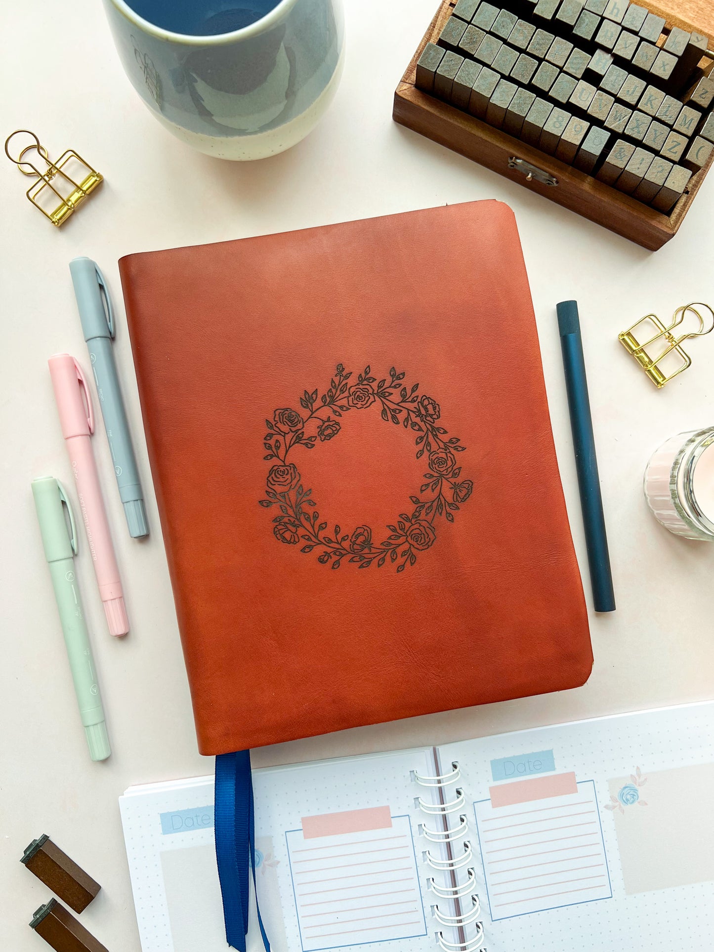Rose Wreath - Deep Tan Floral Rebound Leather Journaling Bible - Ready To Purchase