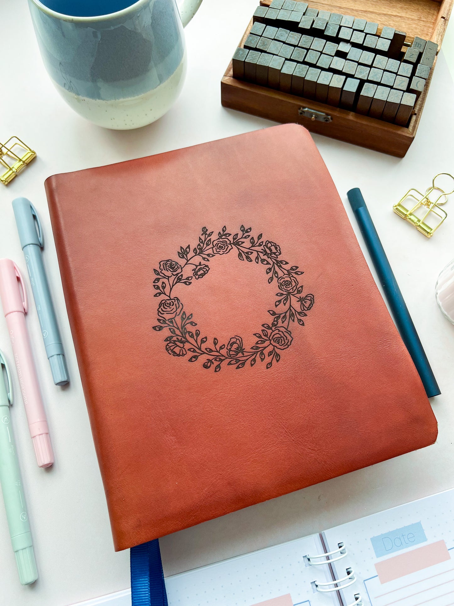 Rose Wreath - Deep Tan Floral Rebound Leather Journaling Bible - Ready To Purchase