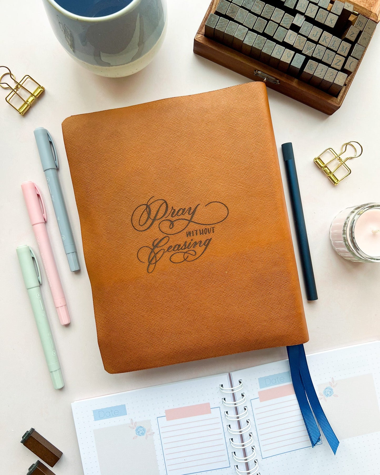 Tan Leather Bible with Floral Pray without ceasing 1 thessalonians 5:17 engraved design by DotK Design