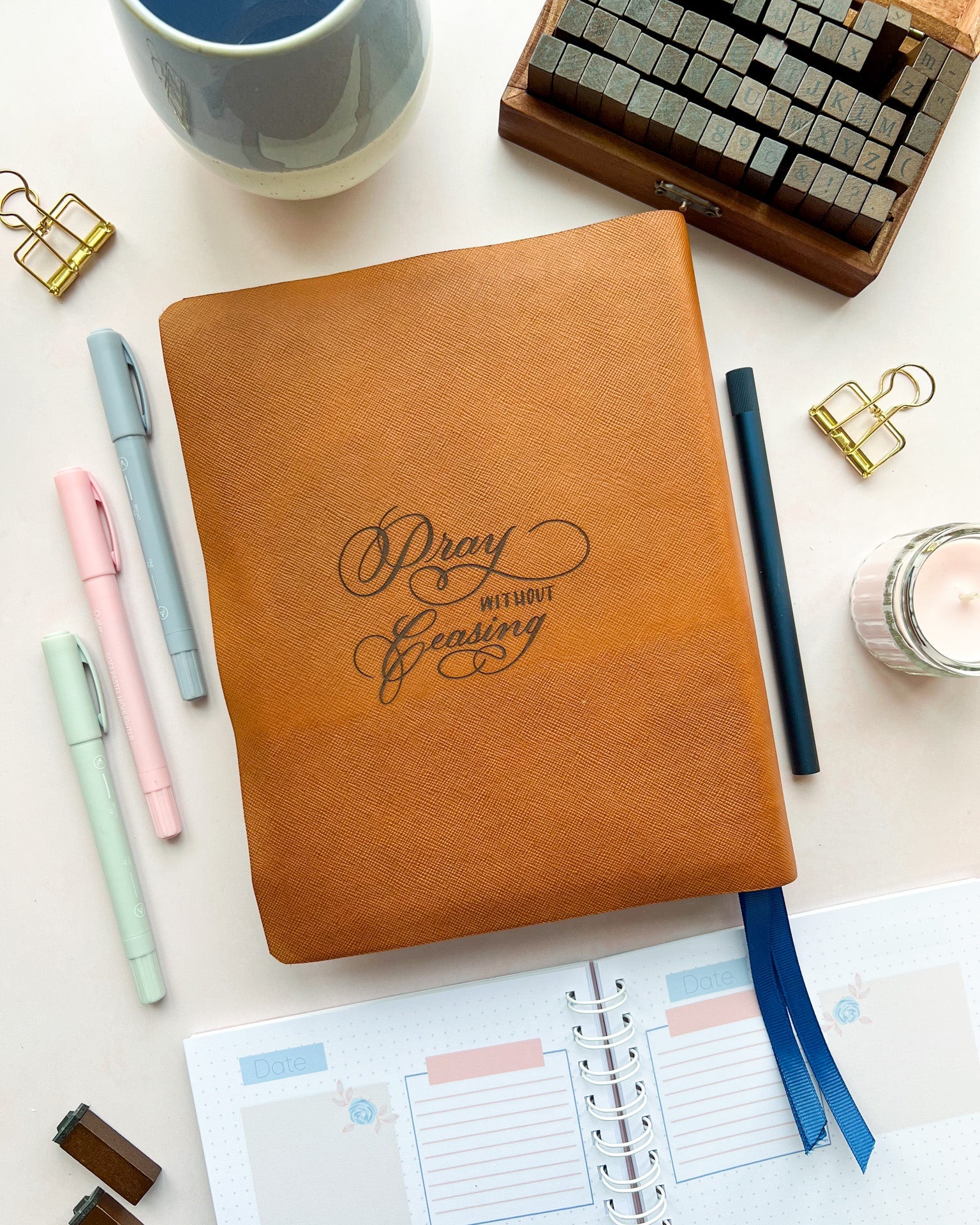 Tan Leather Bible with Floral Pray without ceasing 1 thessalonians 5:17 engraved design by DotK Design