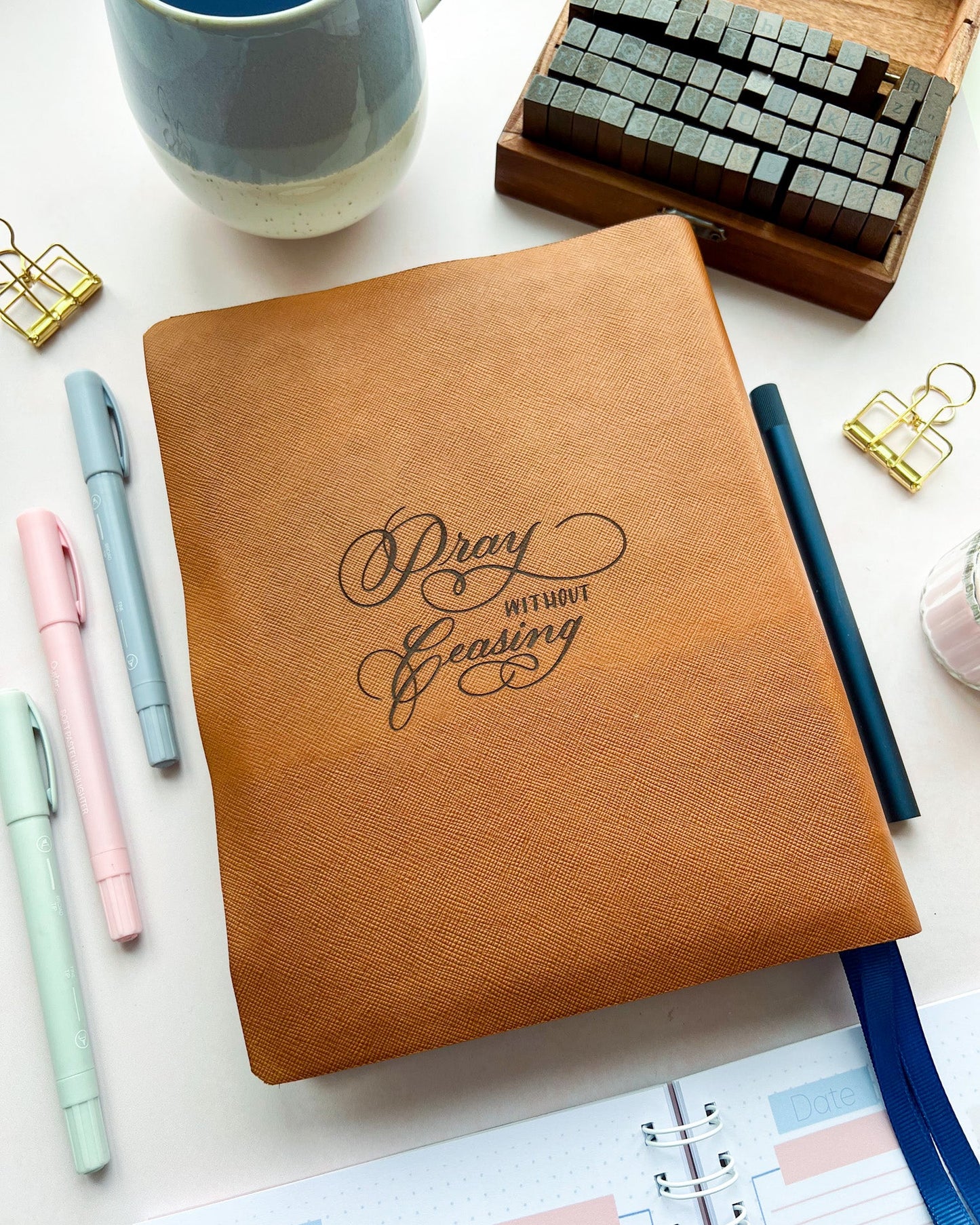 Tan Leather Bible with Floral Pray without ceasing 1 thessalonians 5:17 engraved design by DotK Design