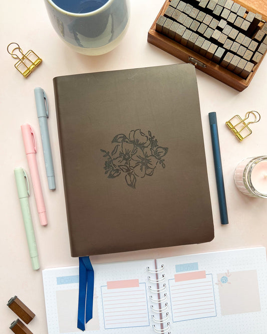 Brown Leather Bible with Floral Pray without ceasing 1 thessalonians 5:17 engraved design by DotK Design