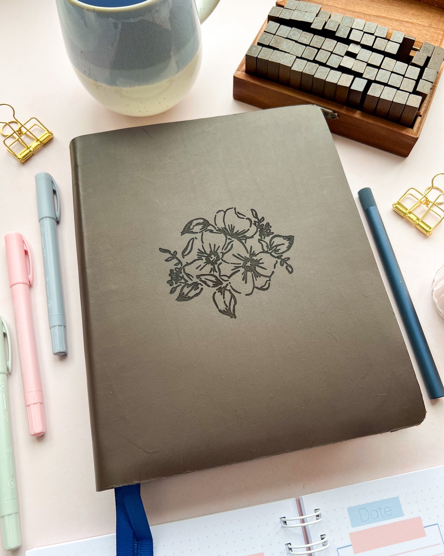 Tan Leather Bible with Floral Pray without ceasing 1 thessalonians 5:17 engraved design by DotK Design
