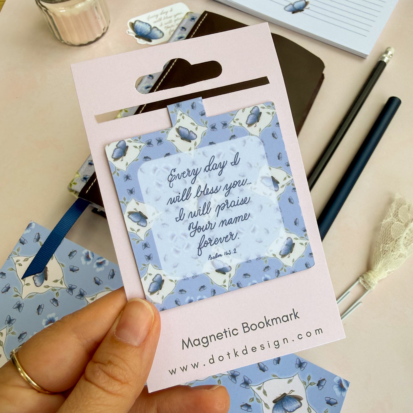 Magnetic Bookmark featuring a blue butterfly design & excerpt from Psalm 145