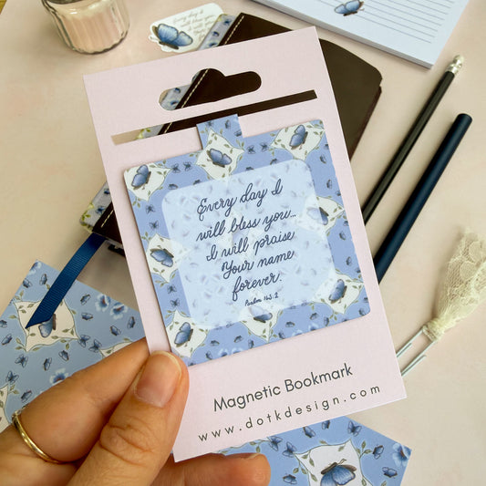 Magnetic Bookmark featuring a blue butterfly design & excerpt from Psalm 145
