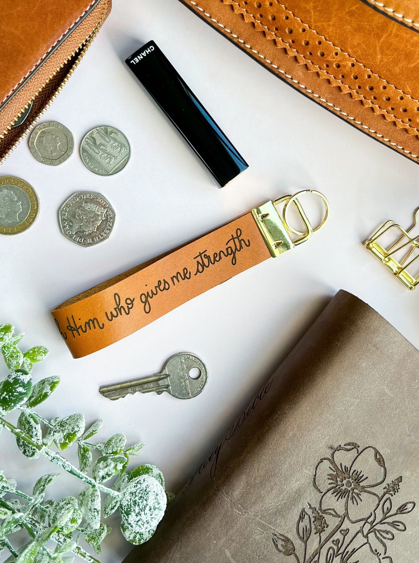 I Can Do All Things Through Him Who Gives Me Strength - Real Leather Key Fob Key Ring