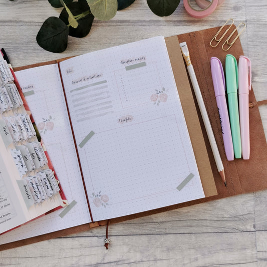 Open Christian prayer journal notebook featuring Dot Grid pages and sections for prayer, scripture and reflections, accented with pretty pink watercolour roses.