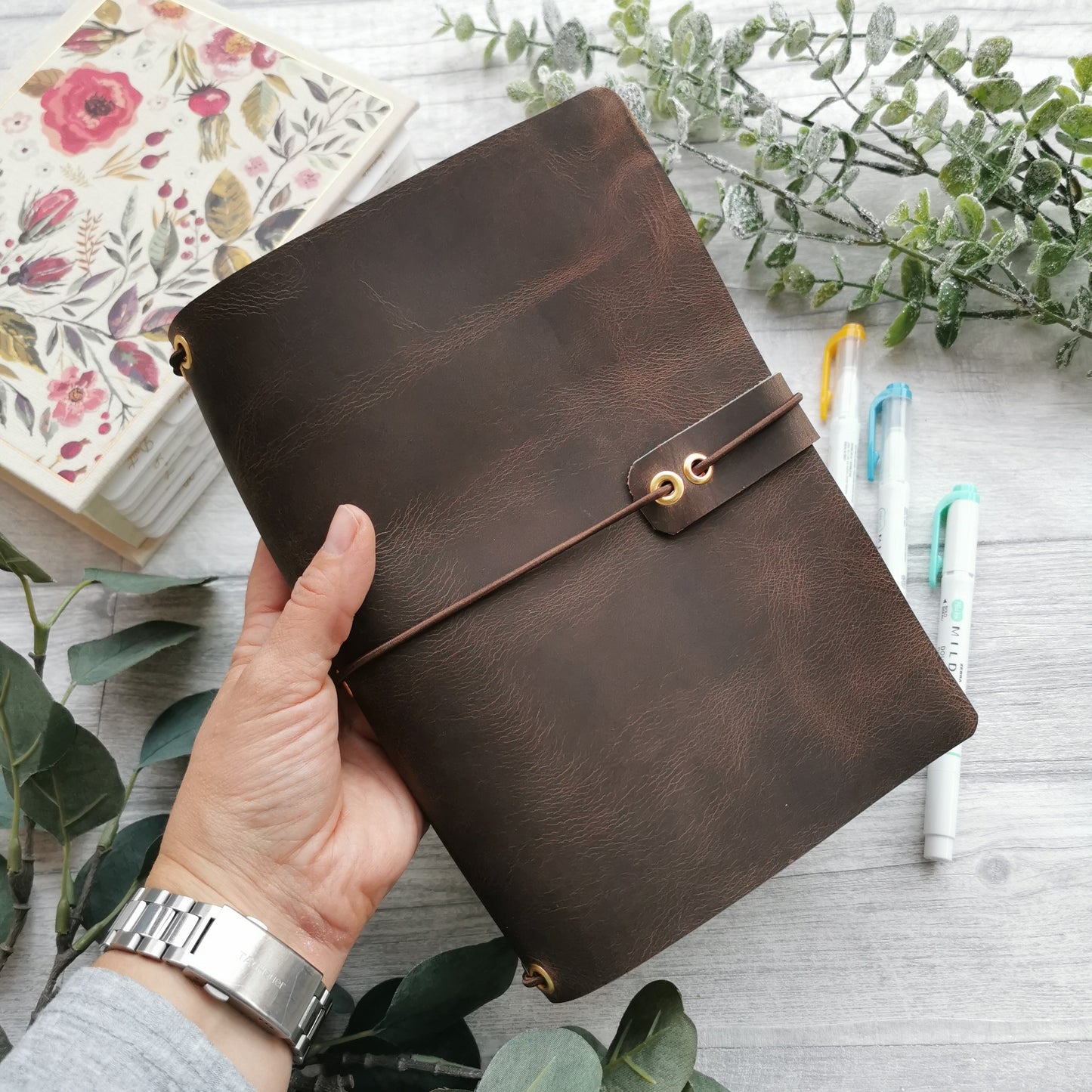 Real Leather Travelers Journal Cover - A5 Journal Cover Prayer - Prayer Journal - Deep Brown Pull up Leather