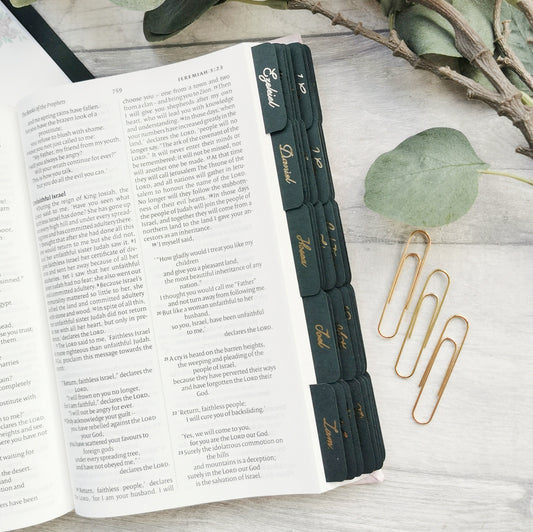 Forest Green Bible Tabs - Elegant Gold Foil Script
