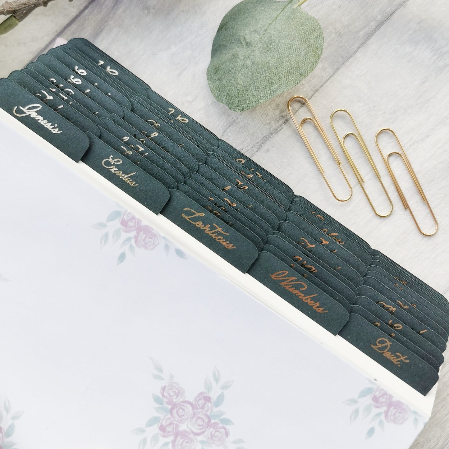 Forest Green Bible Tabs - Elegant Gold Foil Script