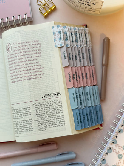 Open bible with DotK Design Bible Tabs in shades of pink and blue with a floral design inspired by Psalm 18