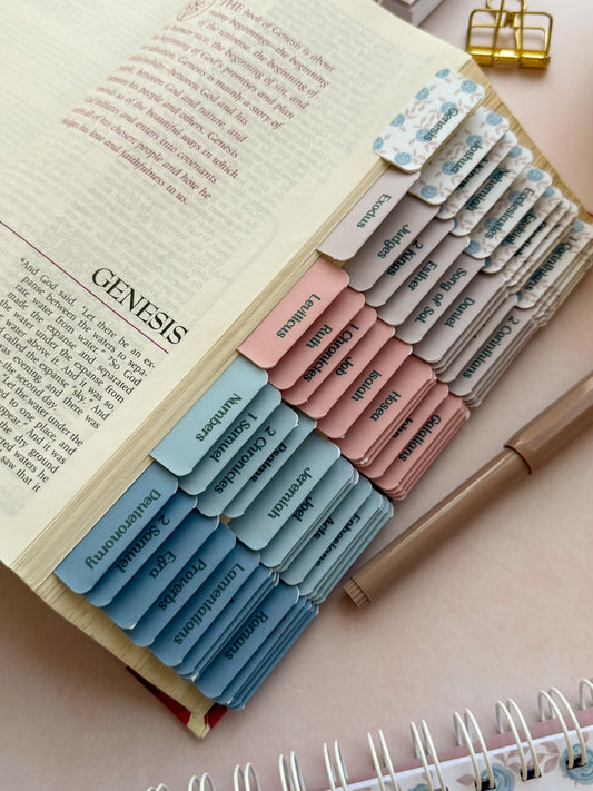 Open bible with DotK Design Bible Tabs in shades of pink and blue with a floral design inspired by Psalm 18