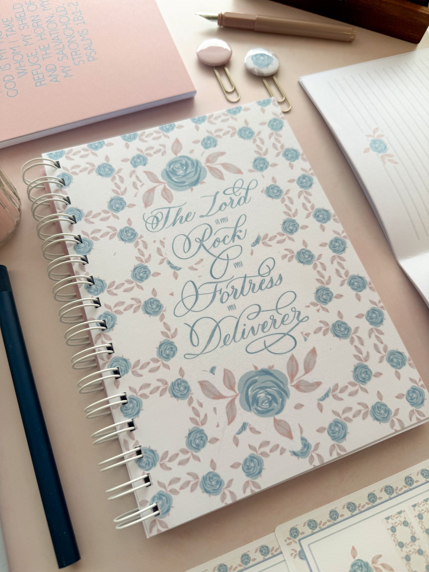 DotK Design Prayer Journal notebook inspired by Psalm 18 featuring blue and pink florals