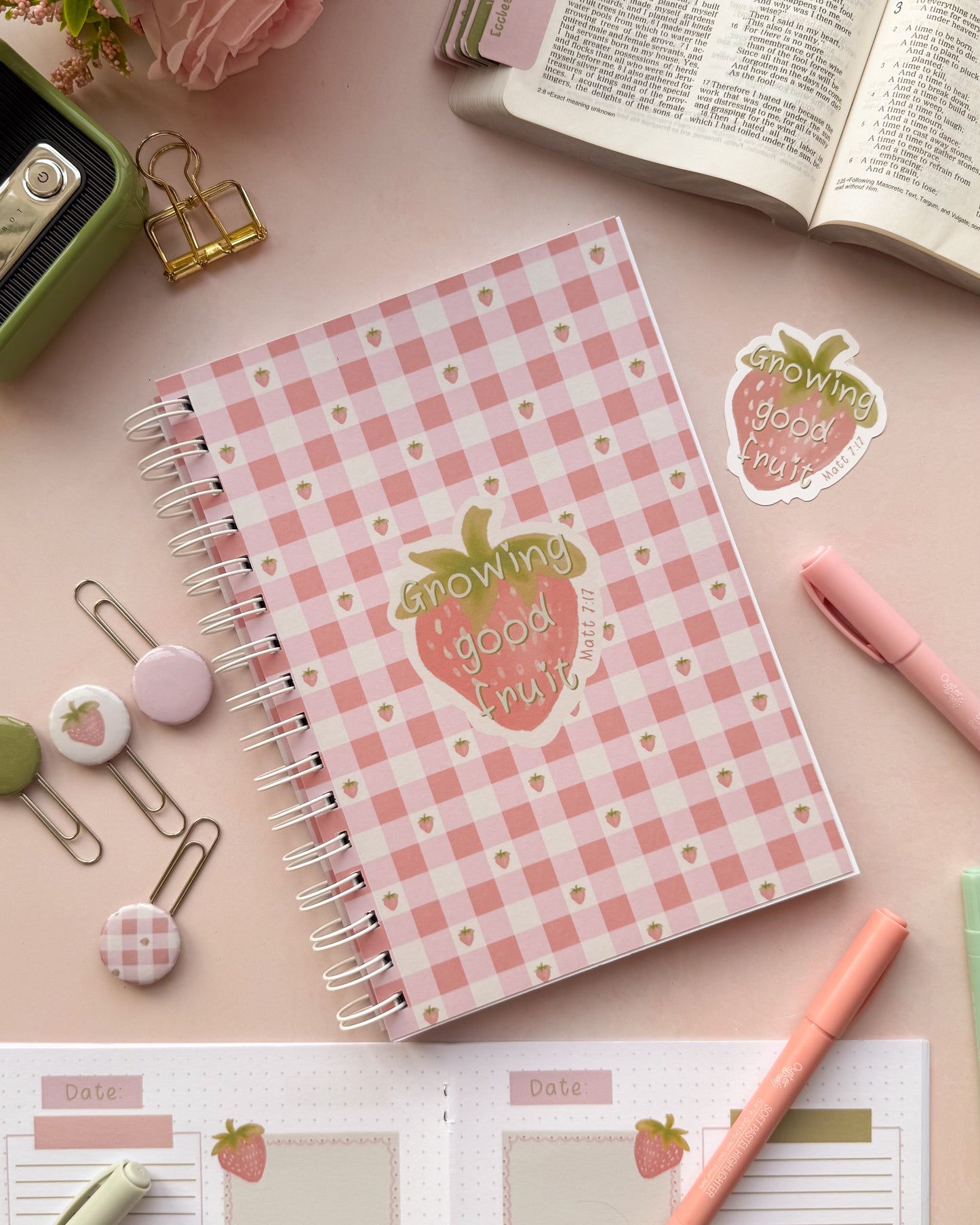 Growing Good Fruit - Strawberry Gingham - Wire Bound Prayer & Reflection Journal