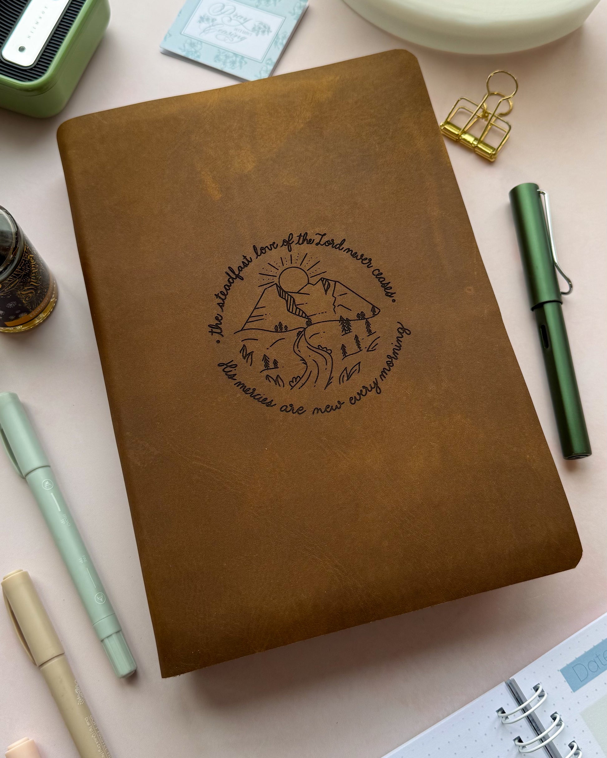 DotK Bible Rebinding Service Bible with mountain design engraved inspired by Lamentations 3:22-23