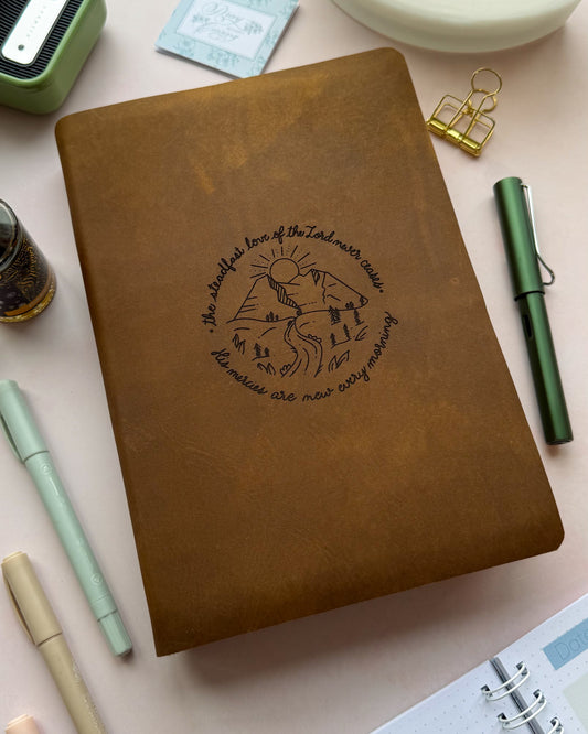 DotK Bible Rebinding Service Bible with mountain design engraved inspired by Lamentations 3:22-23