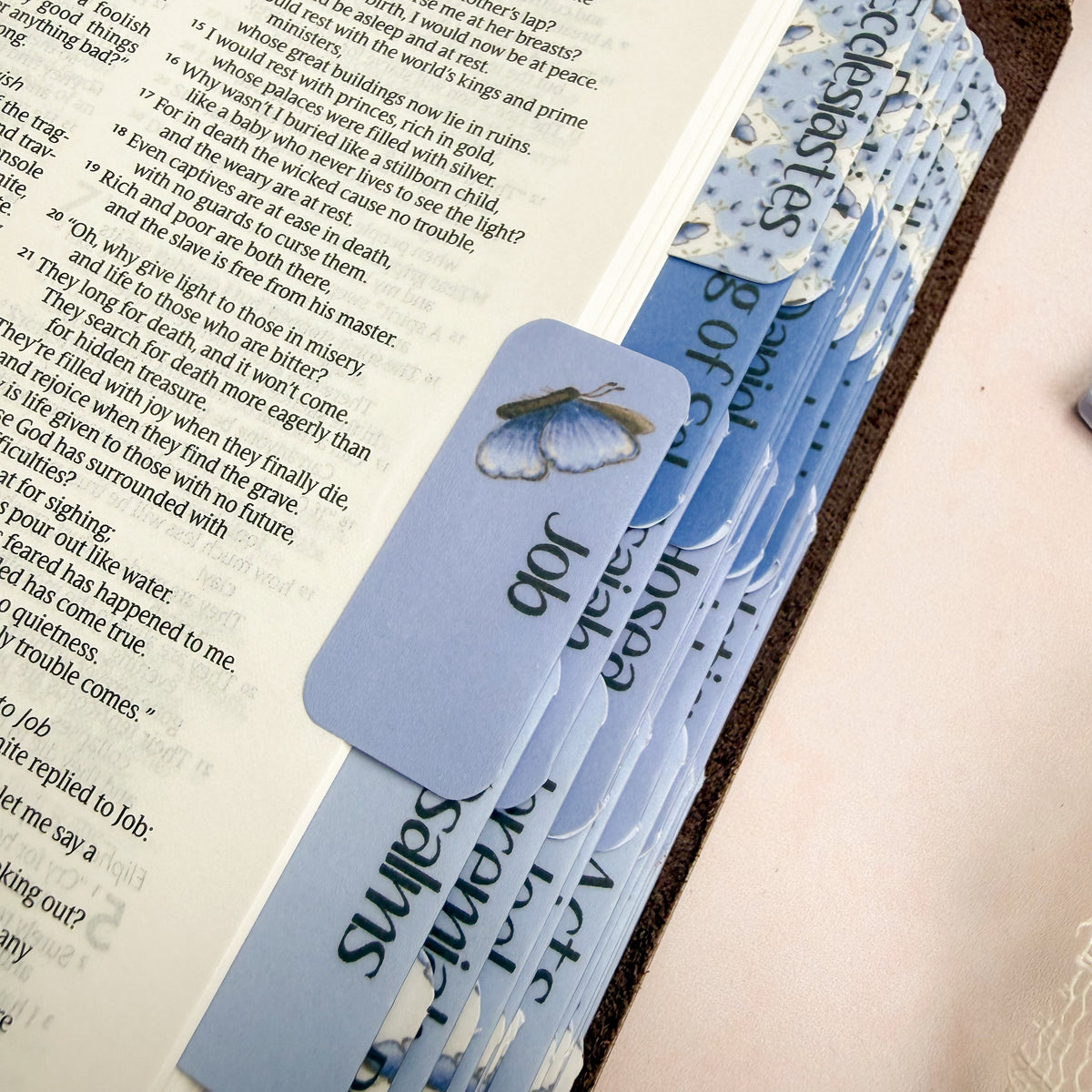 Close up of DotK Butterfly themed Bible tabs