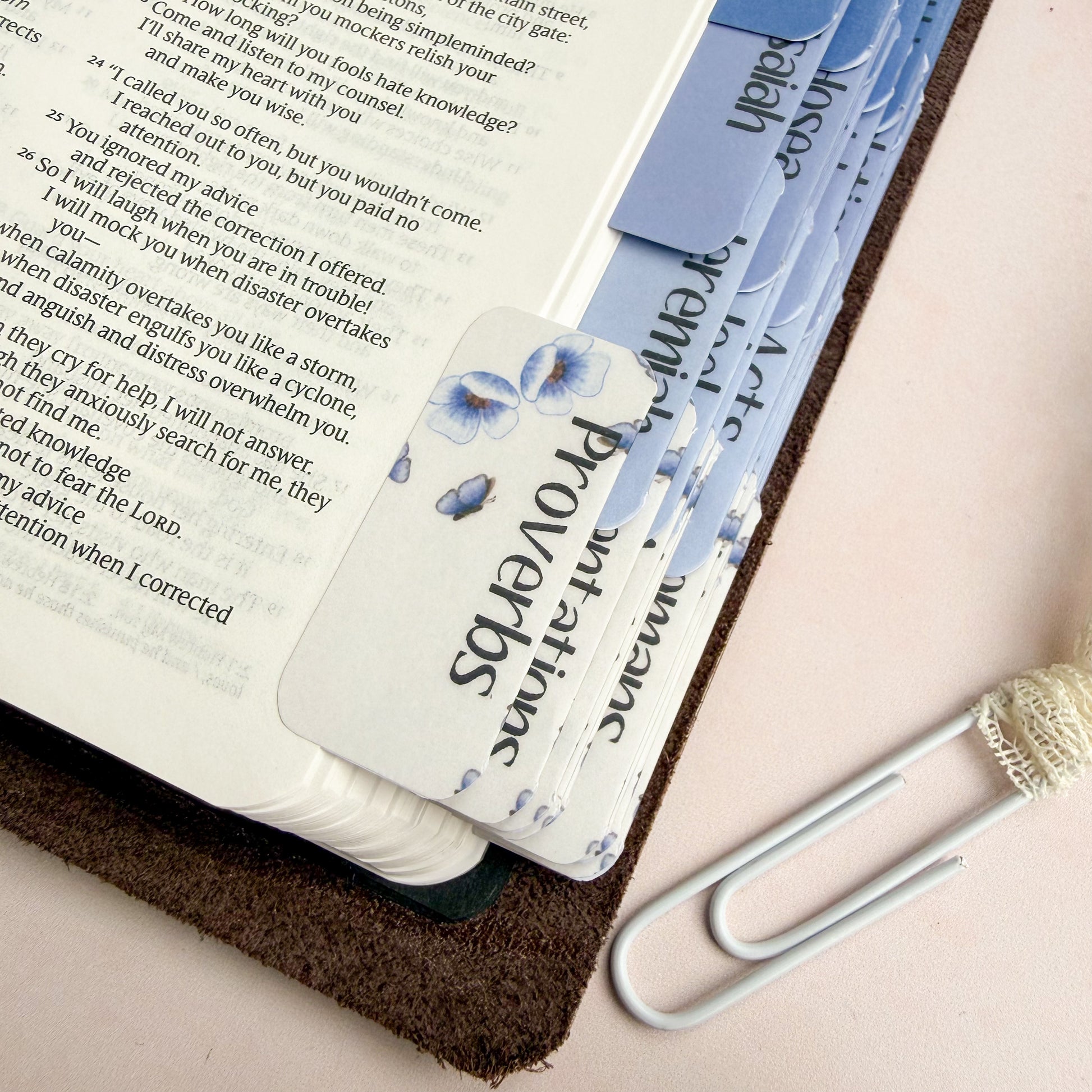 Close up of DotK Butterfly design bible tabs