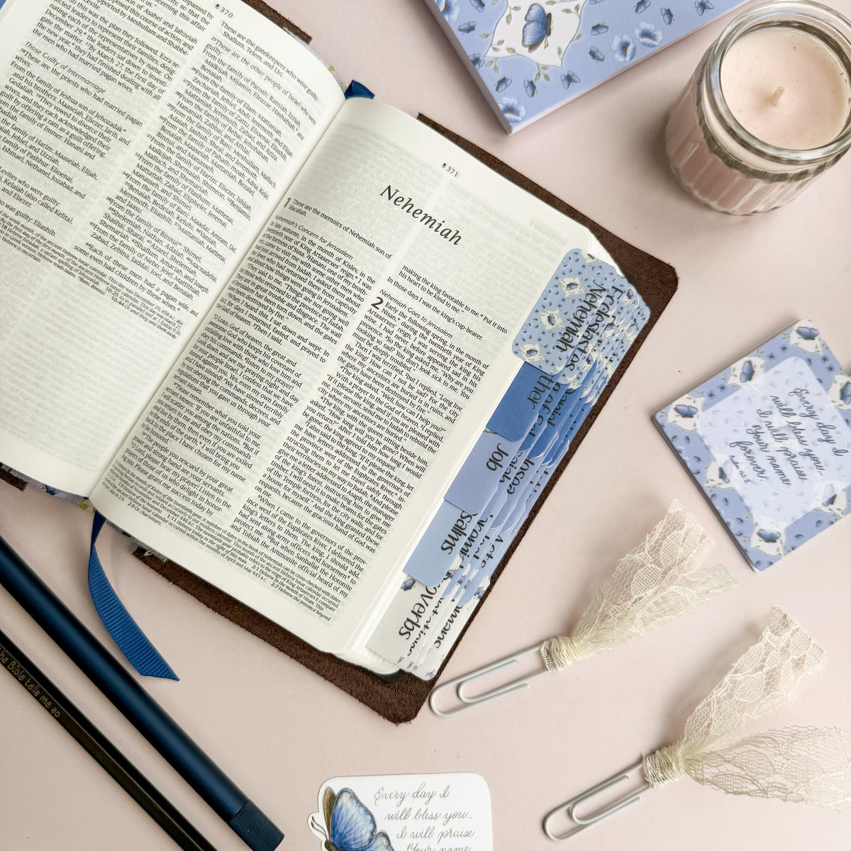 An open Bible featuring DotK Bible tabs with a blue butterfly theme.