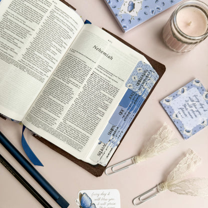 An open Bible featuring DotK Bible tabs with a blue butterfly theme.