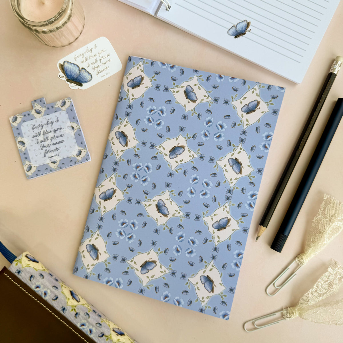DotK Design a5 journal featuring blue butterfly design 