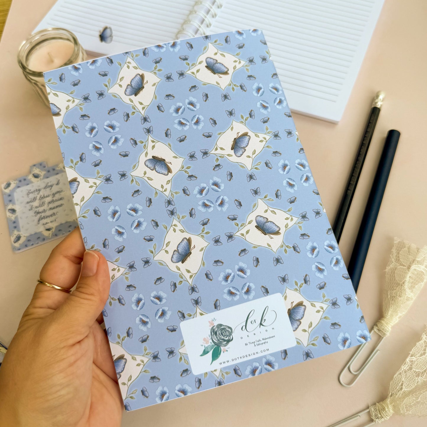 DotK a5 Journal featuing a blue butterfly design