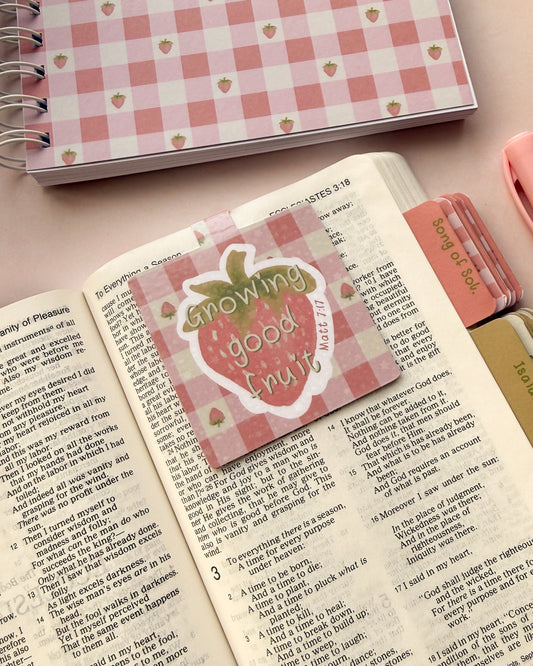 Pink Strawberry design magnetic bookmark featuring Matt 7:17