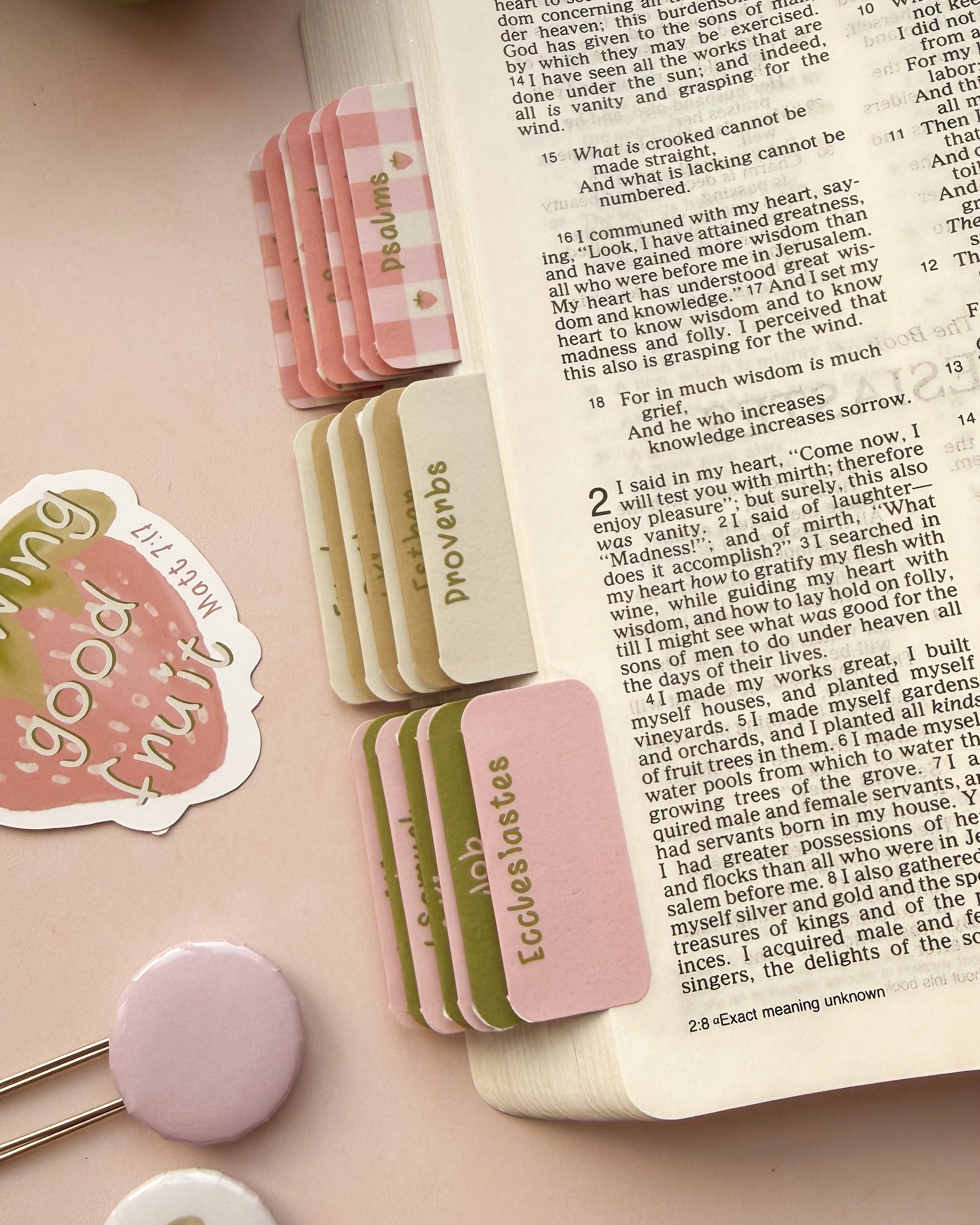 Dotk Design Bible Tabs in a bible with a strawberry gingham design