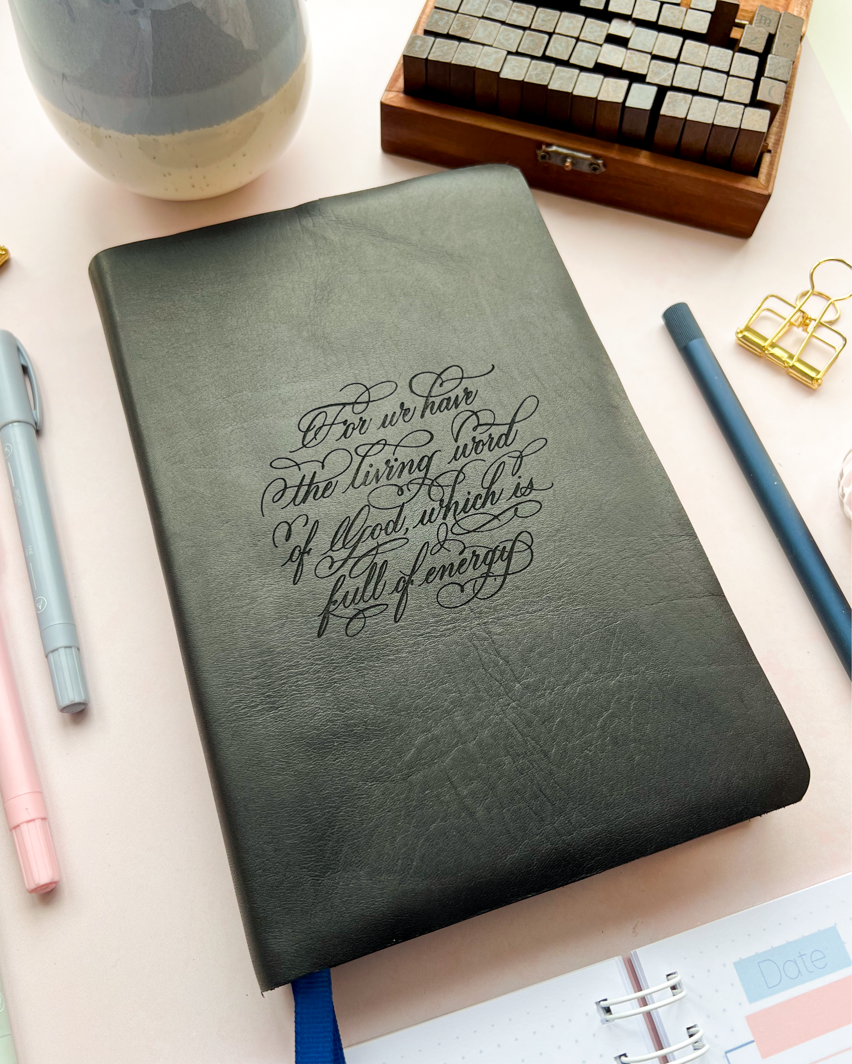 Black Leather Bible with Hebrew4:12 engraved design by DotK Design