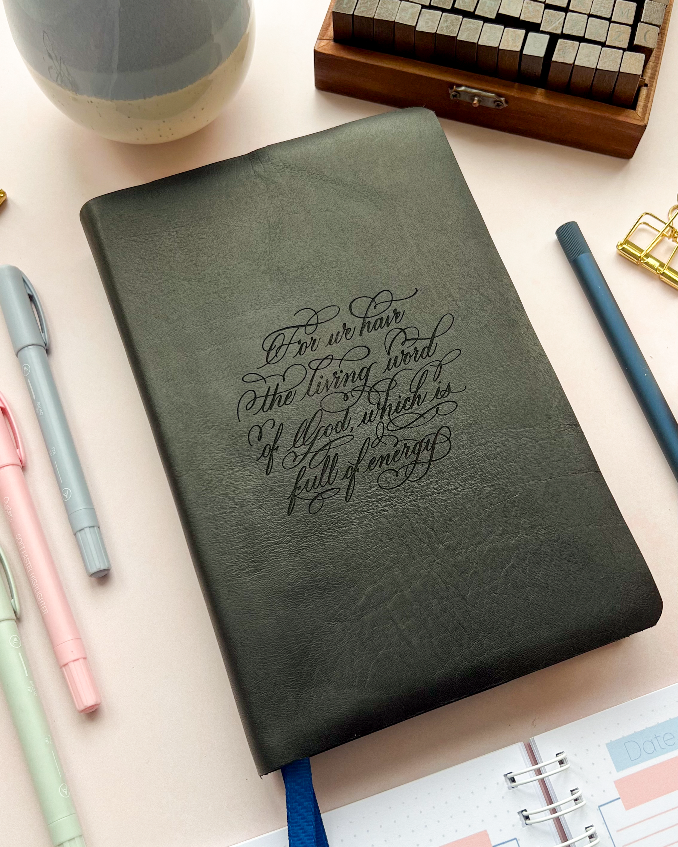Black Leather Bible with Hebrew4:12 engraved design by DotK Design