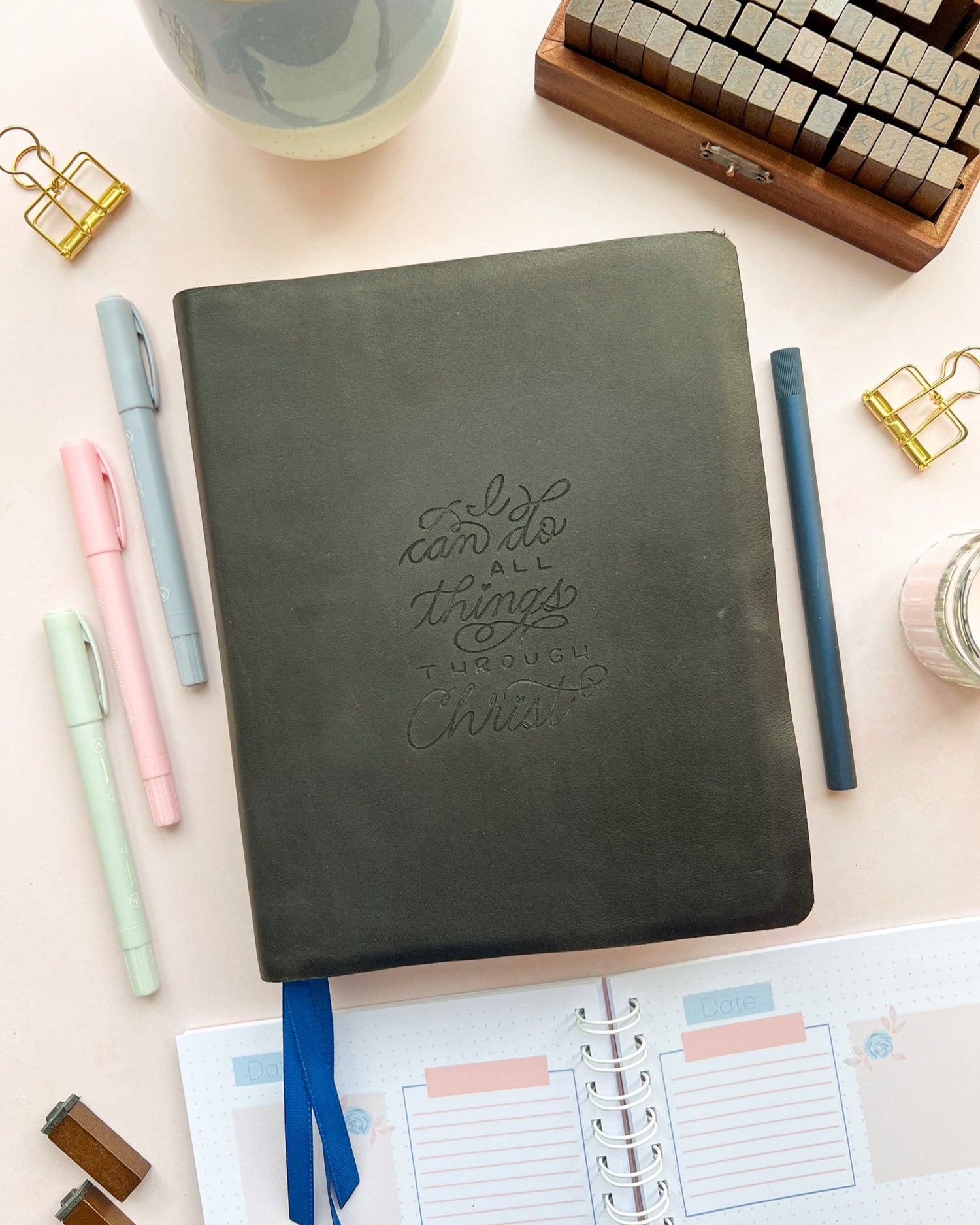 Black Leather Bible with I Can Do All Things Philippians 4:13 engraved design by DotK Design 