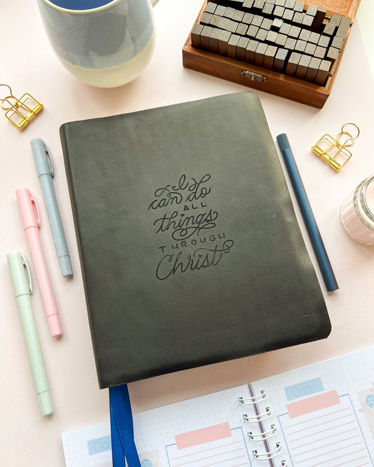 Black Leather Bible with I Can Do All Things Philippians 4:13 engraved design by DotK Design 
