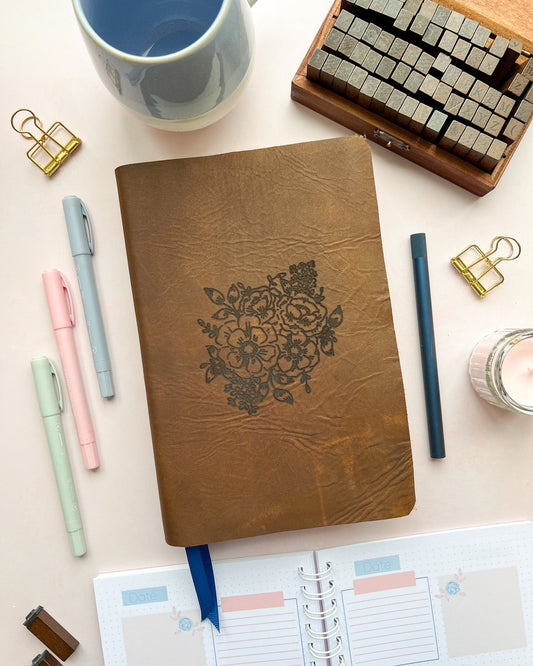 Antique Brown Leather Bible with Floral Nothing Can Separate Us Romans 8:38-39 engraved design by DotK Design