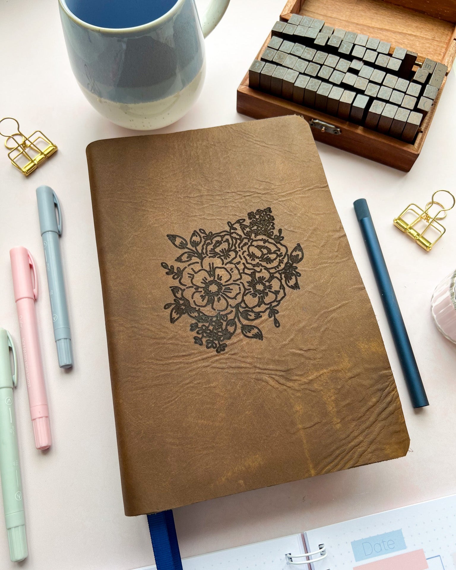 Antique Brown Leather Bible with Floral Nothing Can Separate Us Romans 8:38-39 engraved design by DotK Design