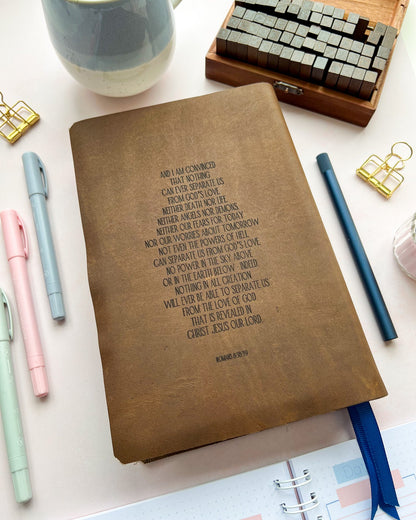 Antique Brown Leather Bible with Floral Nothing Can Separate Us Romans 8:38-39 engraved design by DotK Design