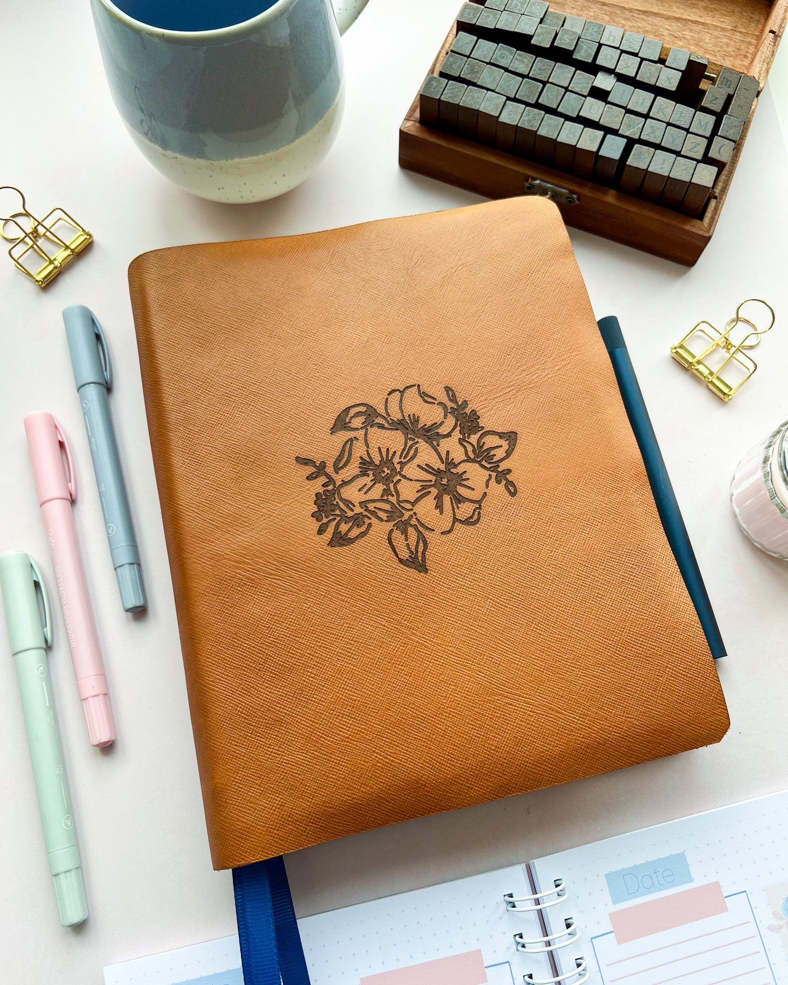 Tan Leather Bible with Floral Pray without ceasing 1 thessalonians 5:17 engraved design by DotK Design