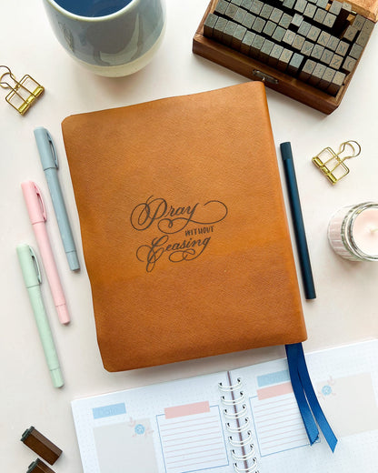 Tan Leather Bible with Floral Pray without ceasing 1 thessalonians 5:17 engraved design by DotK Design