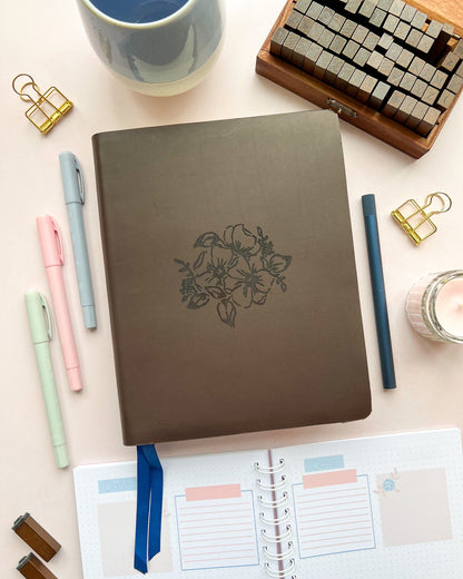 Brown Leather Bible with Floral Pray without ceasing 1 thessalonians 5:17 engraved design by DotK Design