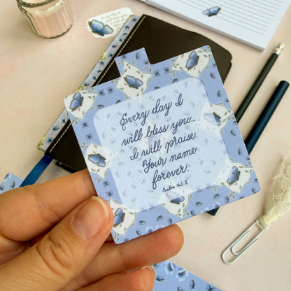 Magnetic Bookmark featuring a blue butterfly design & excerpt from Psalm 145