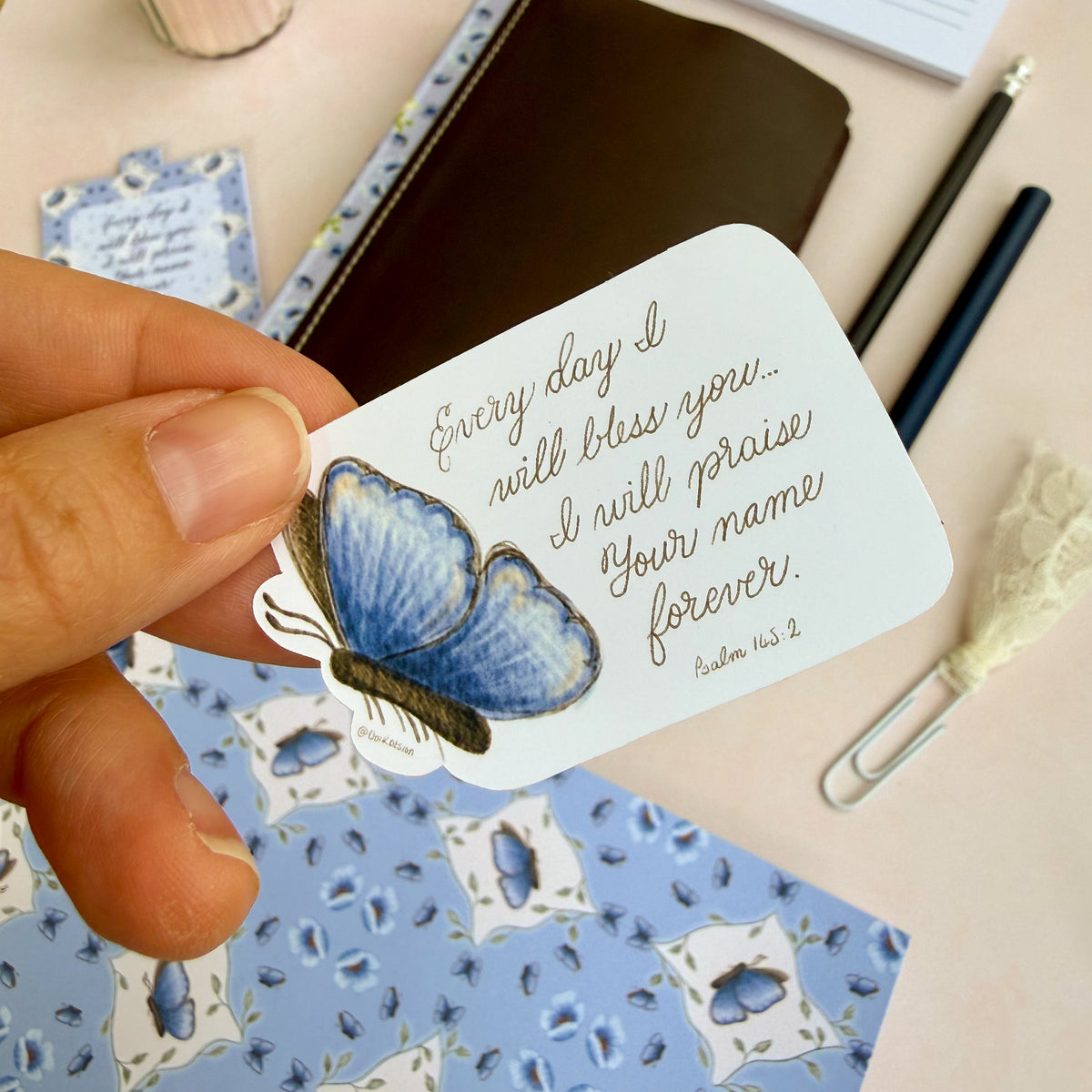 DotK Design Blue Butterfly sticker with hand letter excerpt from Psalm 145