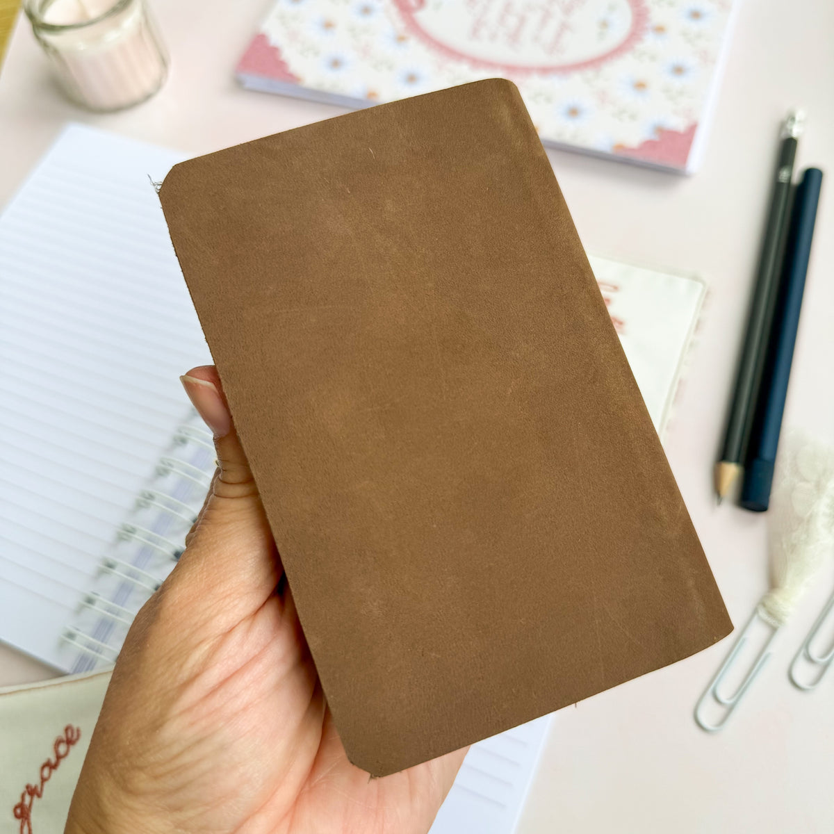 Brown leather Pocket New testament, Psalm & Proverbs with floral trim edging
