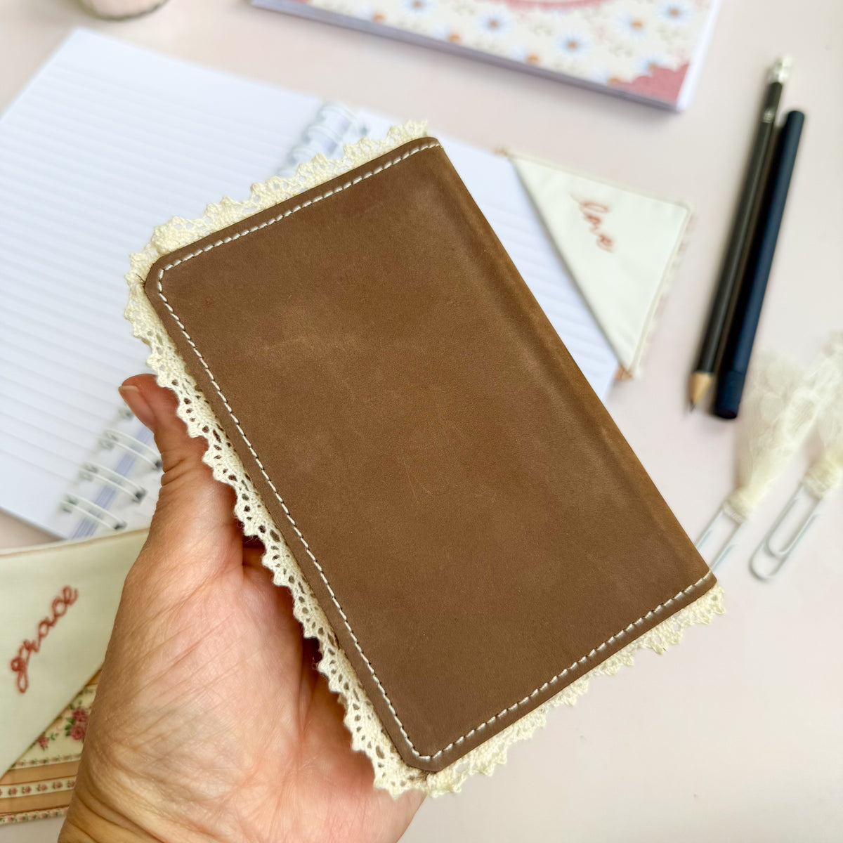 Brown leather Pocket New testament, Psalm & Proverbs with Lace trim edging